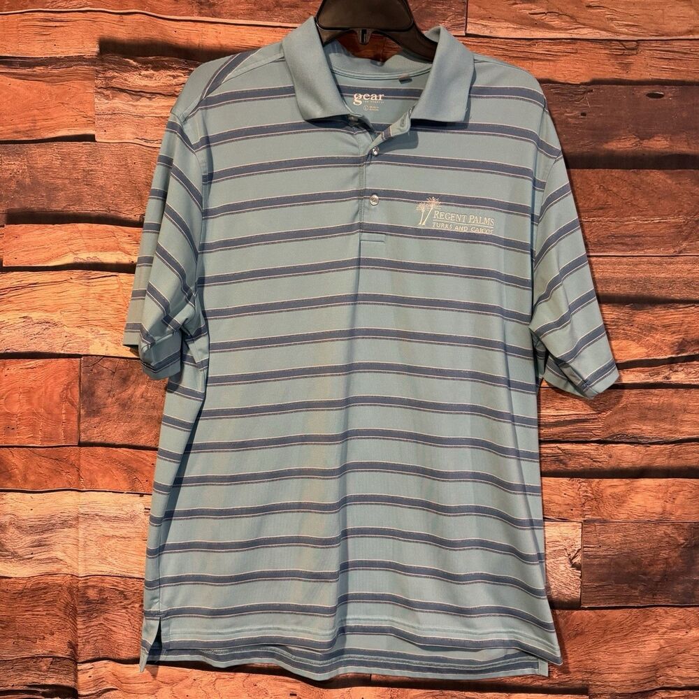 Gear For Sports Polo Shirt Large Blue Gray Striped Regent Palms Turks Caicos L
